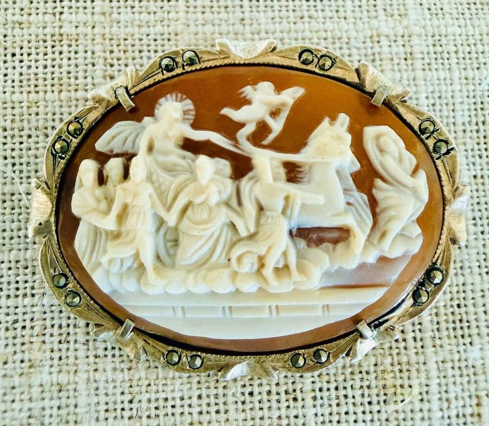Antique 800 Silver Shell Cameo Brooch Apollo Aurora Chariot Mythological Scene